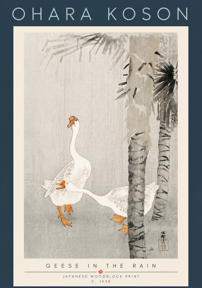 Ohara Koson Geese in the Rain No6 - Affiche