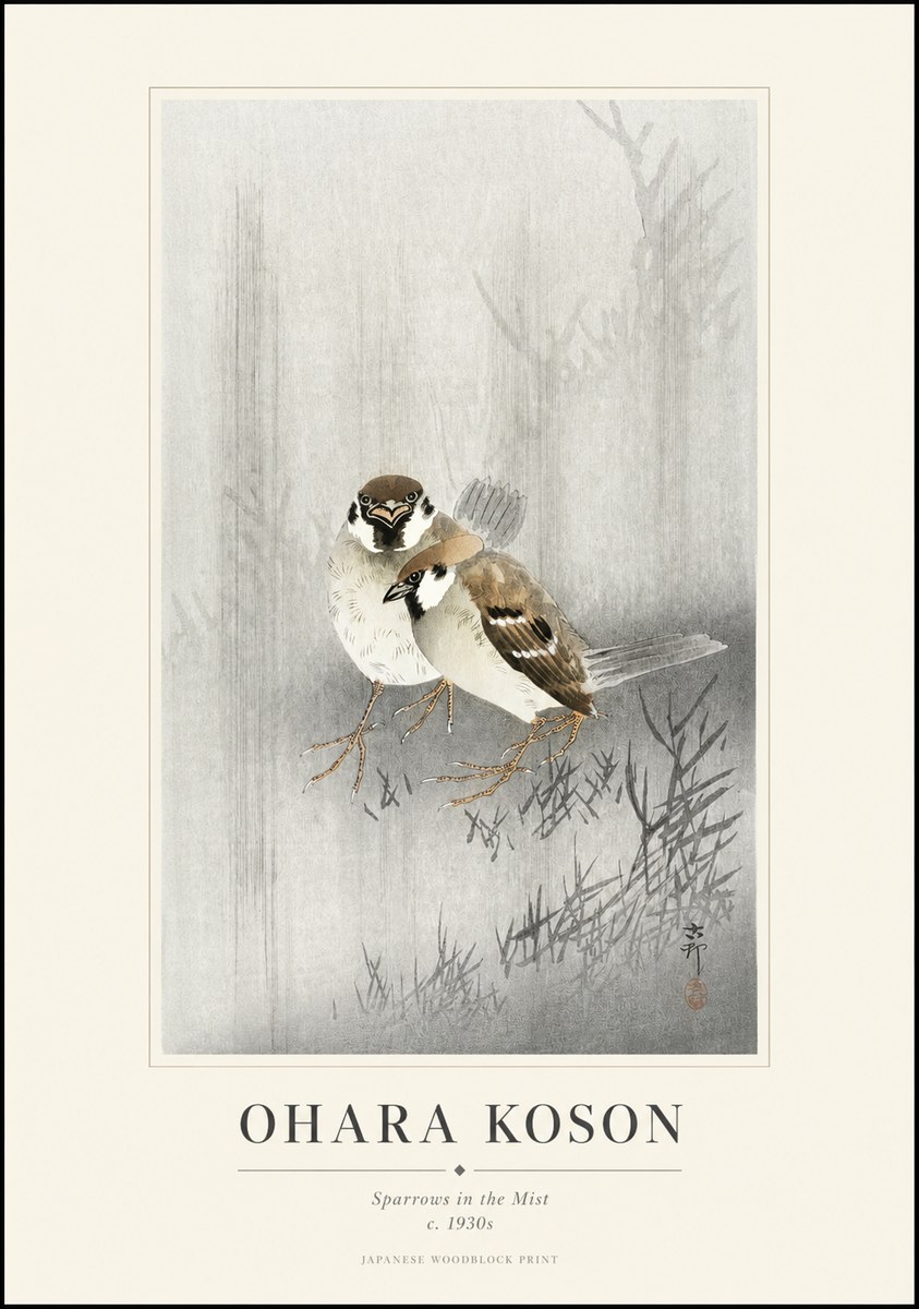 Ohara Koson Sparrows in the Mist No1 - Affiche