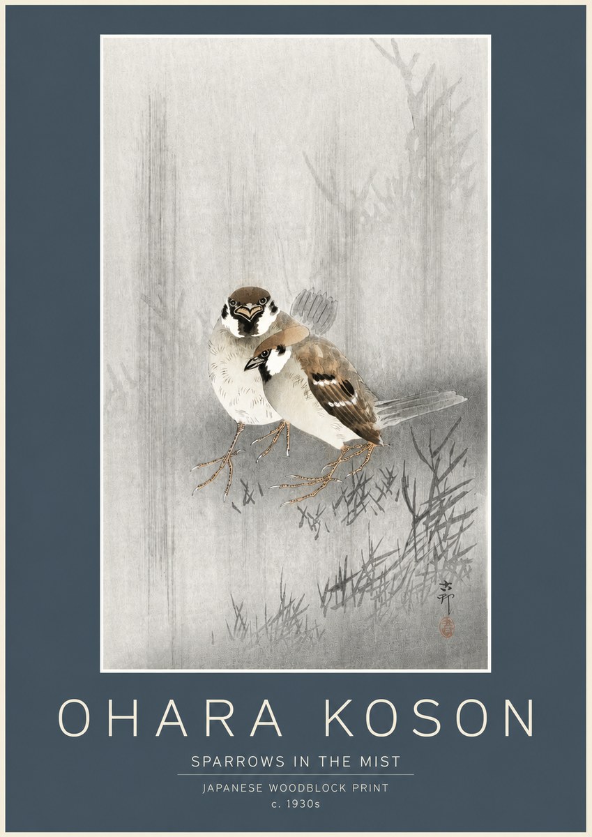 Ohara Koson Sparrows in the Mist No2 - Affiche
