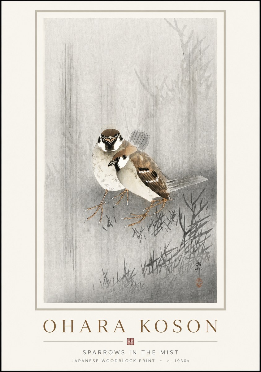 Ohara Koson Sparrows in the Mist No3 - Affiche