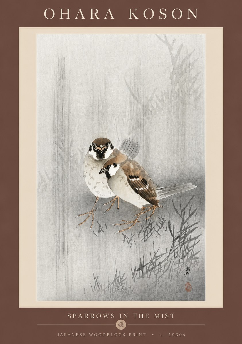 Ohara Koson Sparrows in the Mist No5 - Affiche