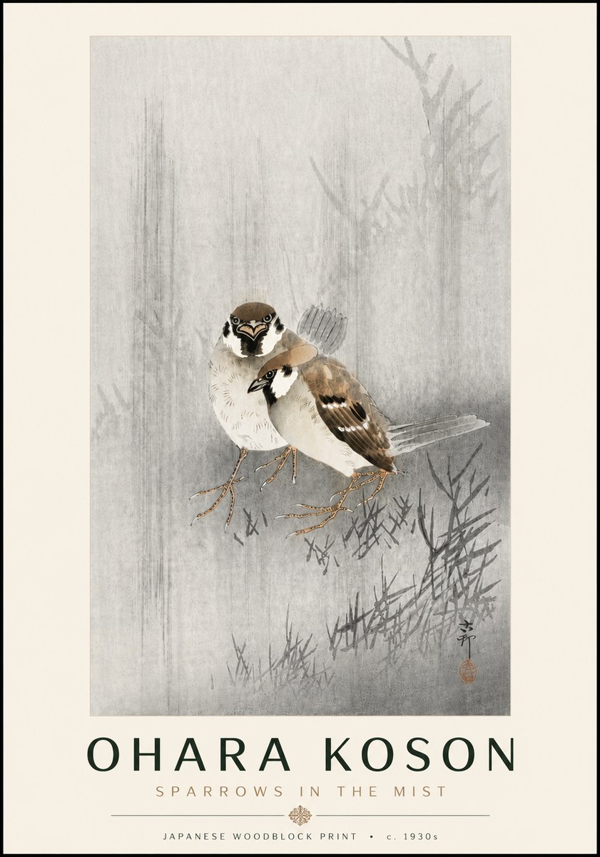 Ohara Koson Sparrows in the Mist No6 - Affiche