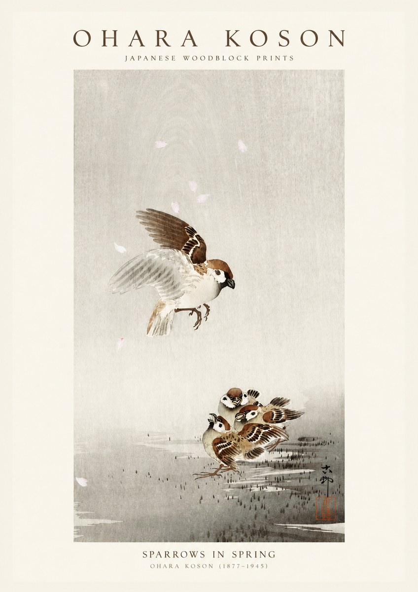 Ohara Koson Sparrows in Spring No1 - Affiche