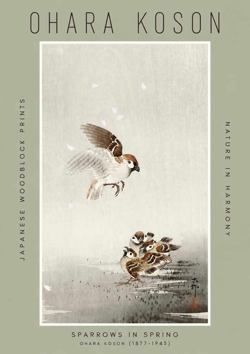 Ohara Koson Sparrows in Spring No2 - Affiche
