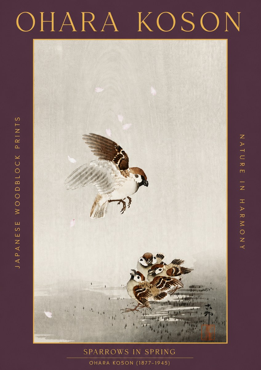 Ohara Koson Sparrows in Spring No5 - Affiche