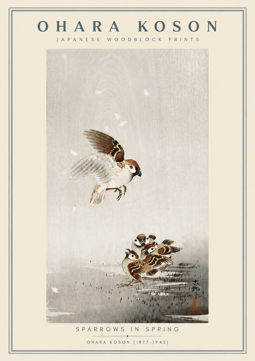 Ohara Koson Sparrows in Spring No6 - Affiche