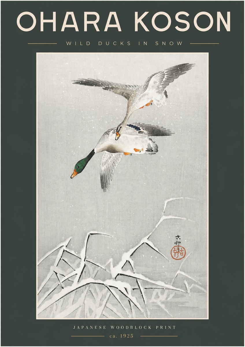 Ohara Koson Wild Ducks in Snow No2 - Affiche