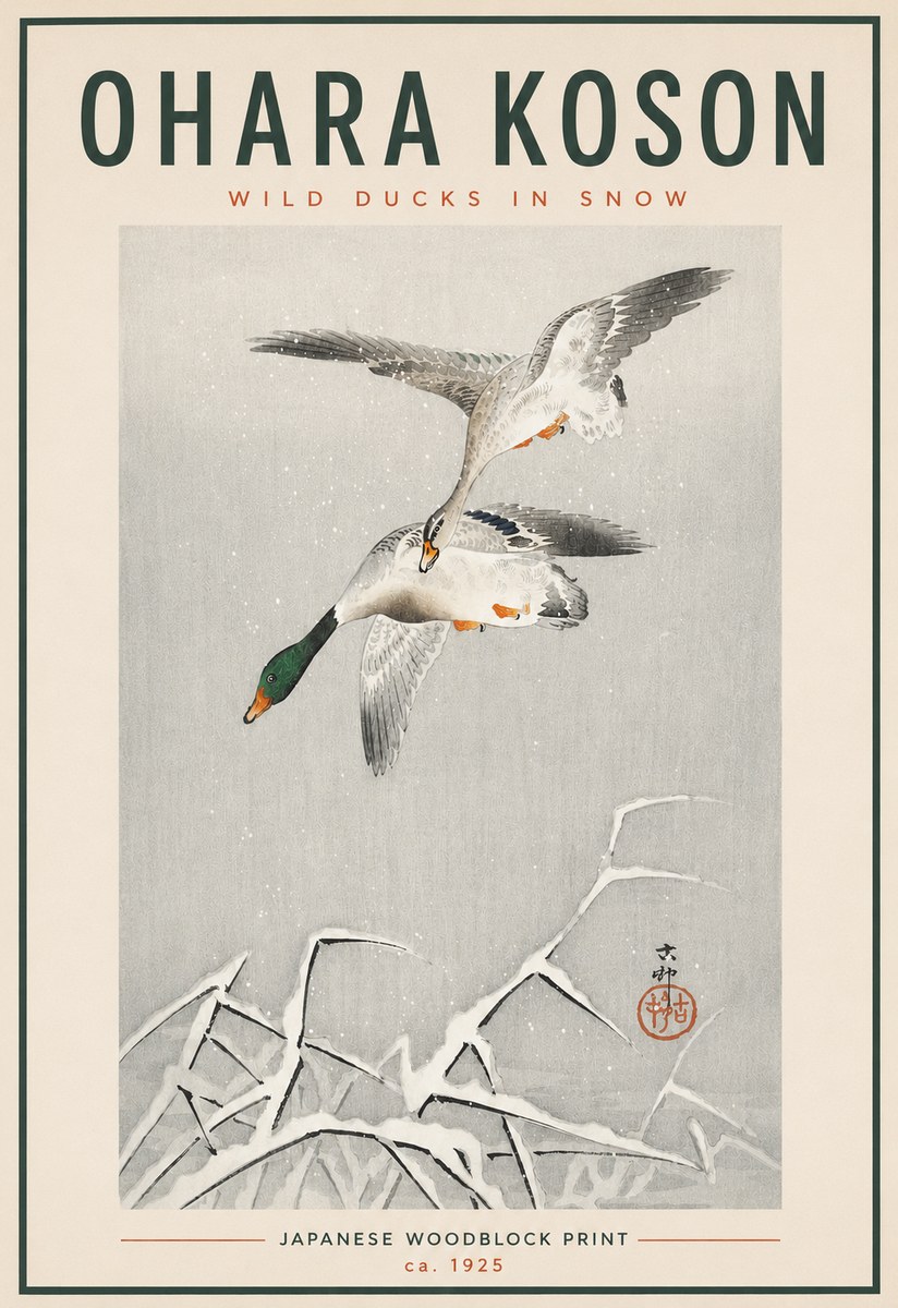 Ohara Koson Wild Ducks in Snow No4 - Affiche