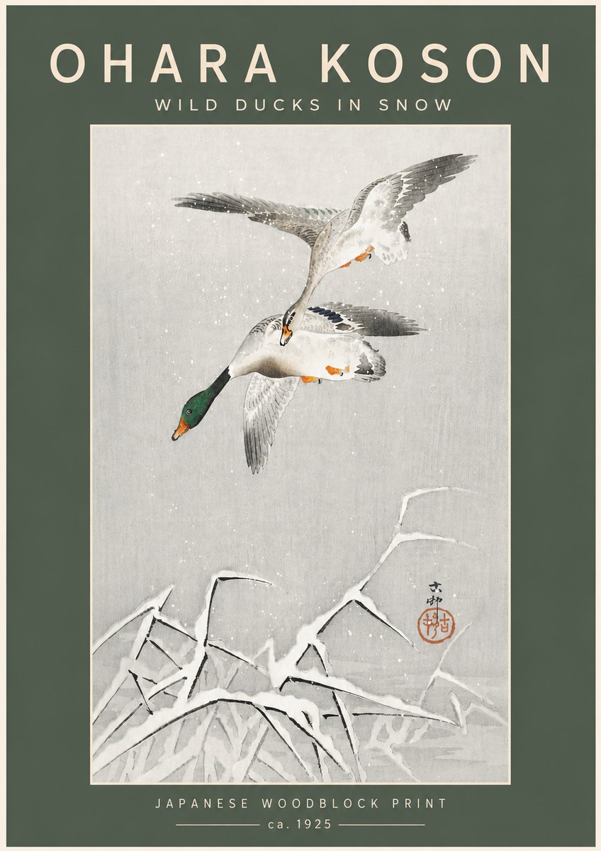 Ohara Koson Wild Ducks in Snow No5 - Affiche