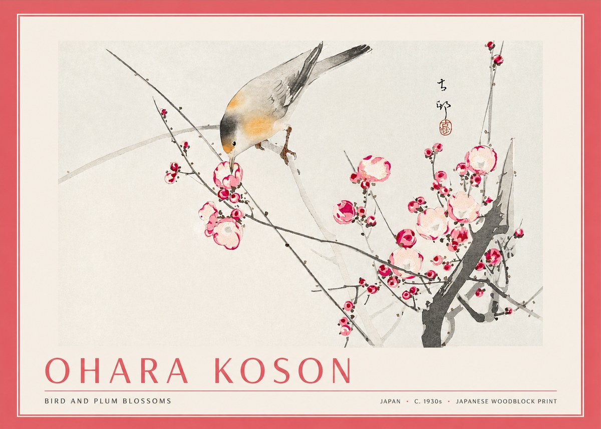 Ohara Koson Bird and Plum Blossoms No3 - Affiche