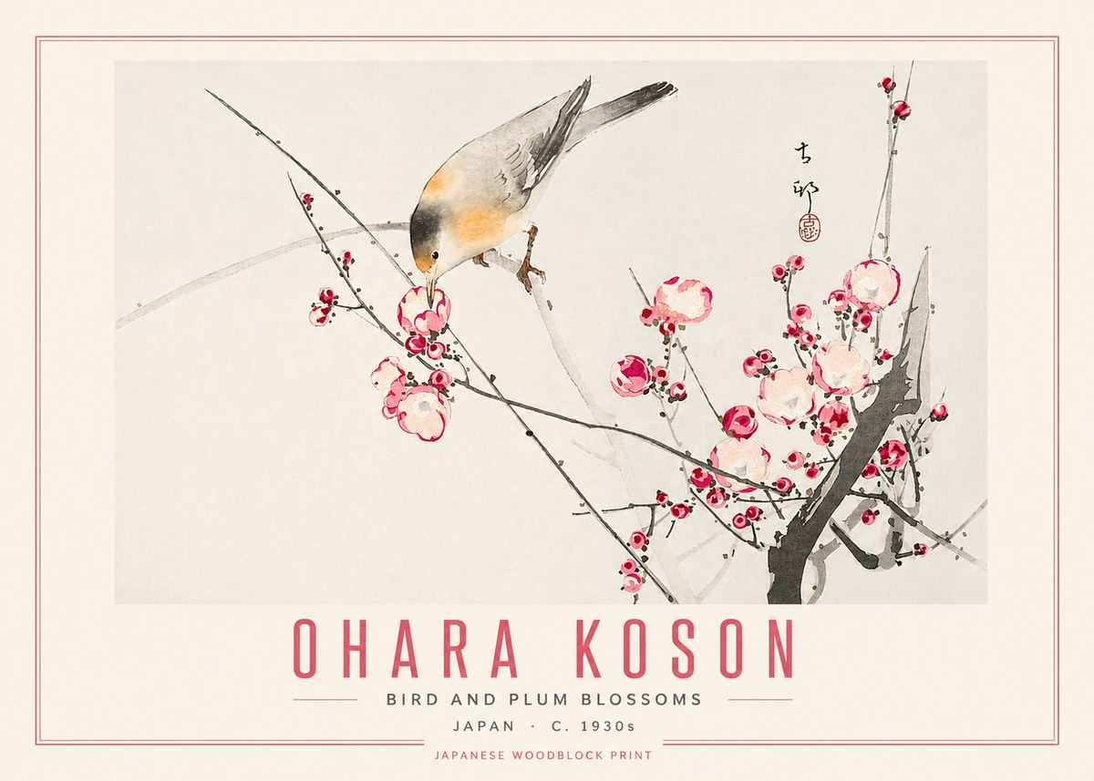 Ohara Koson Bird and Plum Blossoms No5 - Affiche