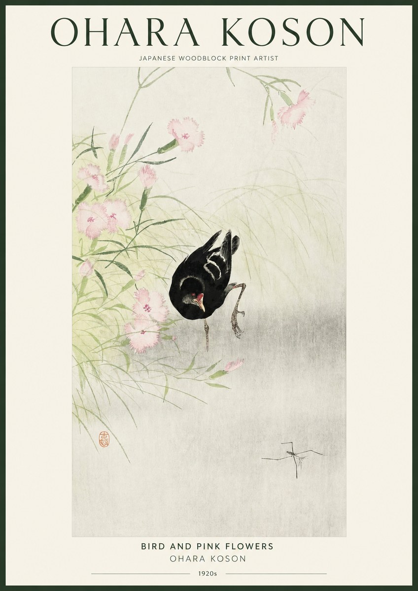 Ohara Koson Bird and Pink Flowers No1 - Affiche