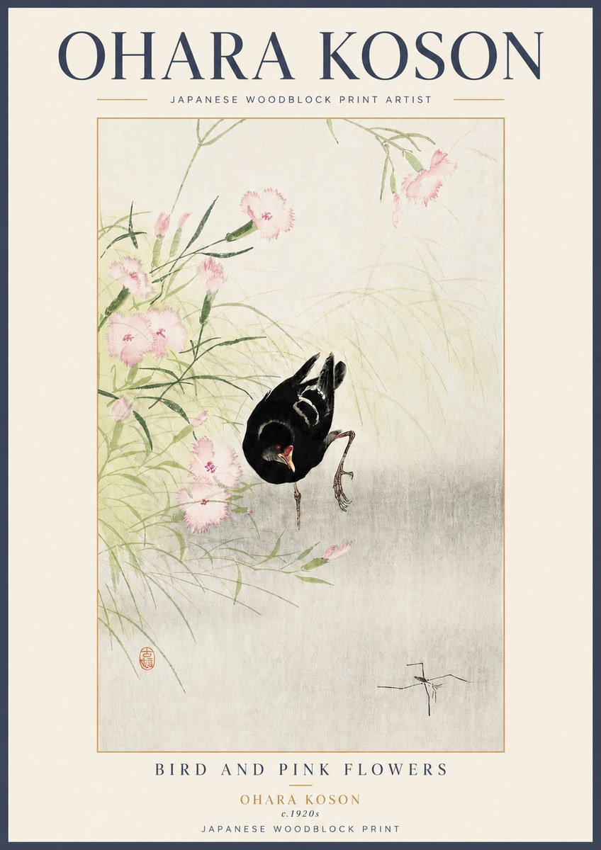 Ohara Koson Bird and Pink Flowers No3 - Affiche