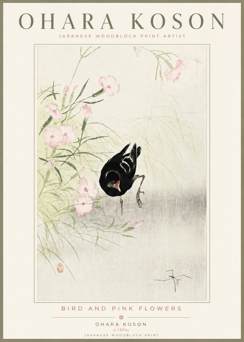 Ohara Koson Bird and Pink Flowers No4 - Affiche