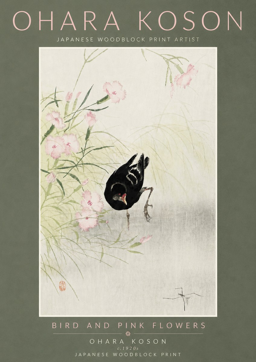 Ohara Koson Bird and Pink Flowers No5 - Affiche
