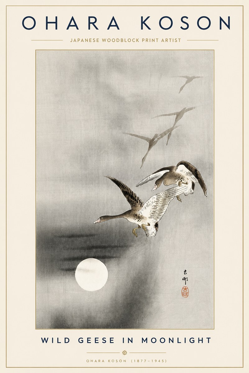 Ohara Koson Wild Geese in Moonlight II No3 - Affiche