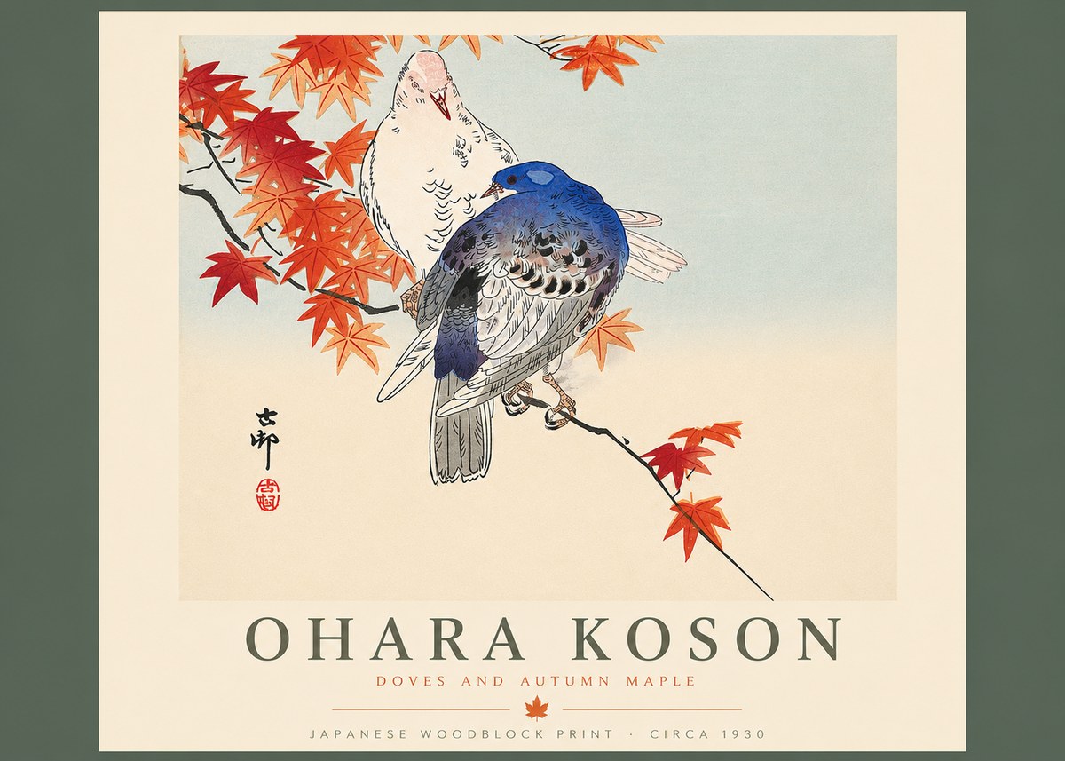 Ohara Koson Doves and Autumn Maple No4 - Affiche
