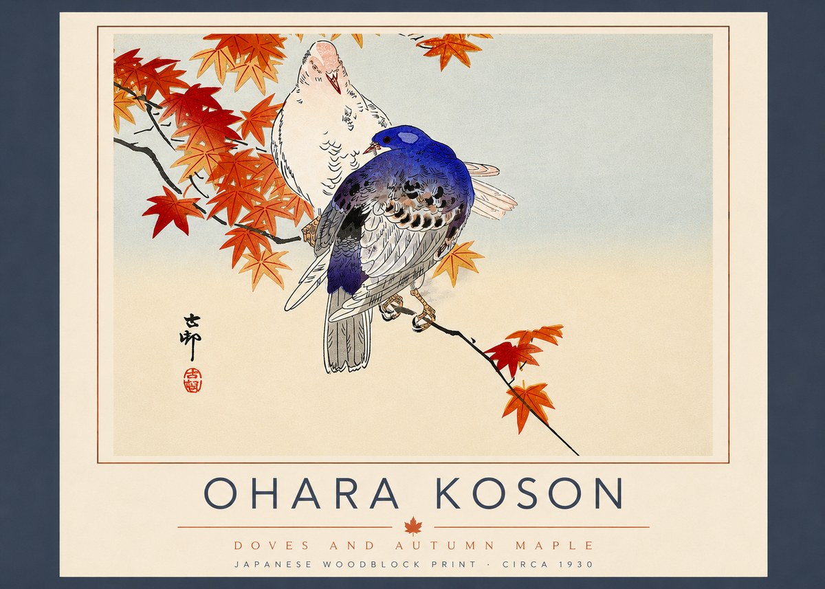 Ohara Koson Doves and Autumn Maple No5 - Affiche