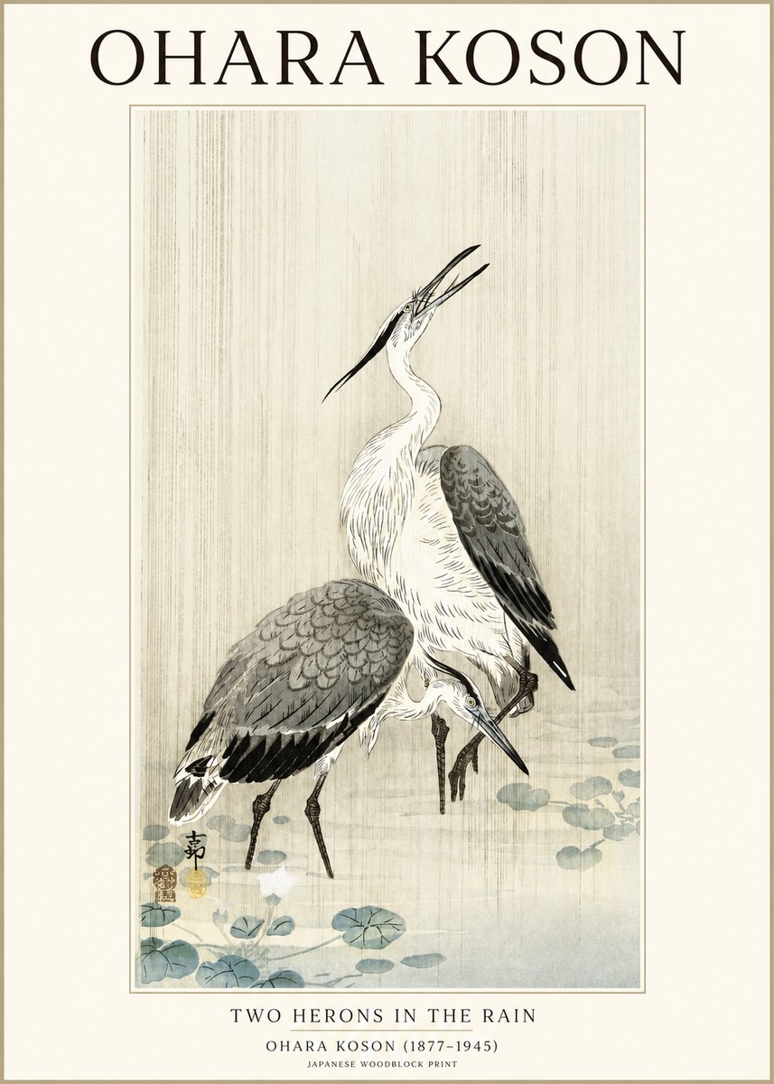 Ohara Koson Two Herons in the Rain No1 - Affiche