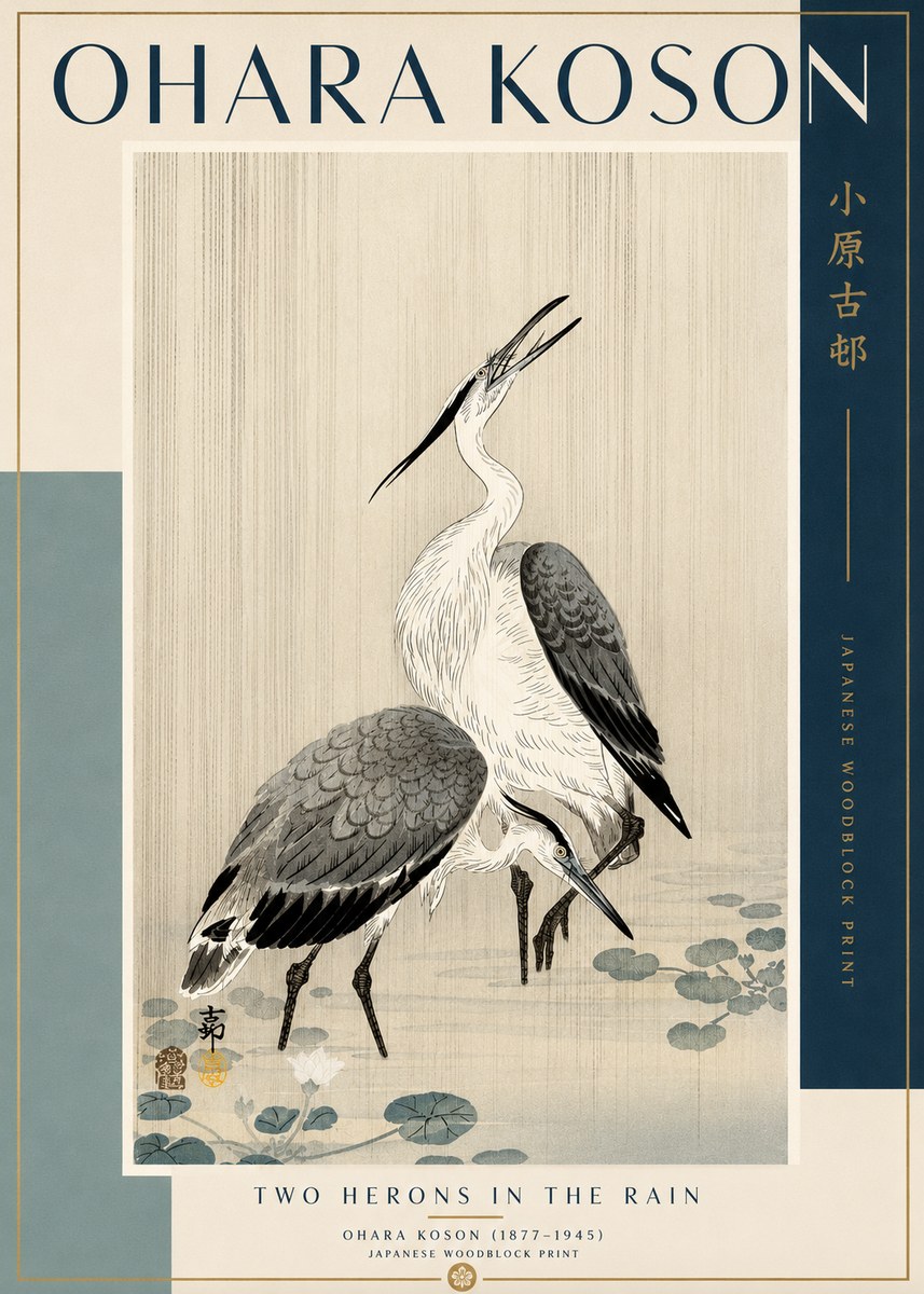 Ohara Koson Two Herons in the Rain No2 - Affiche