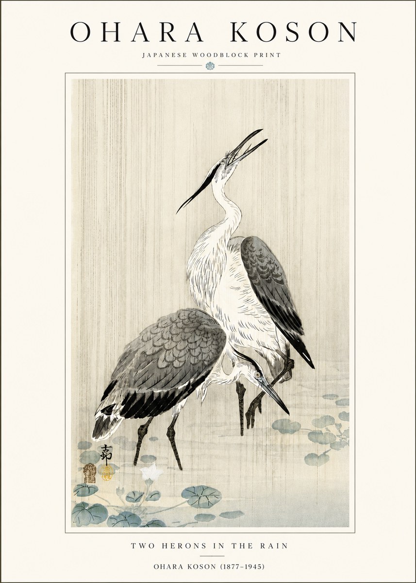 Ohara Koson Two Herons in the Rain No4 - Affiche