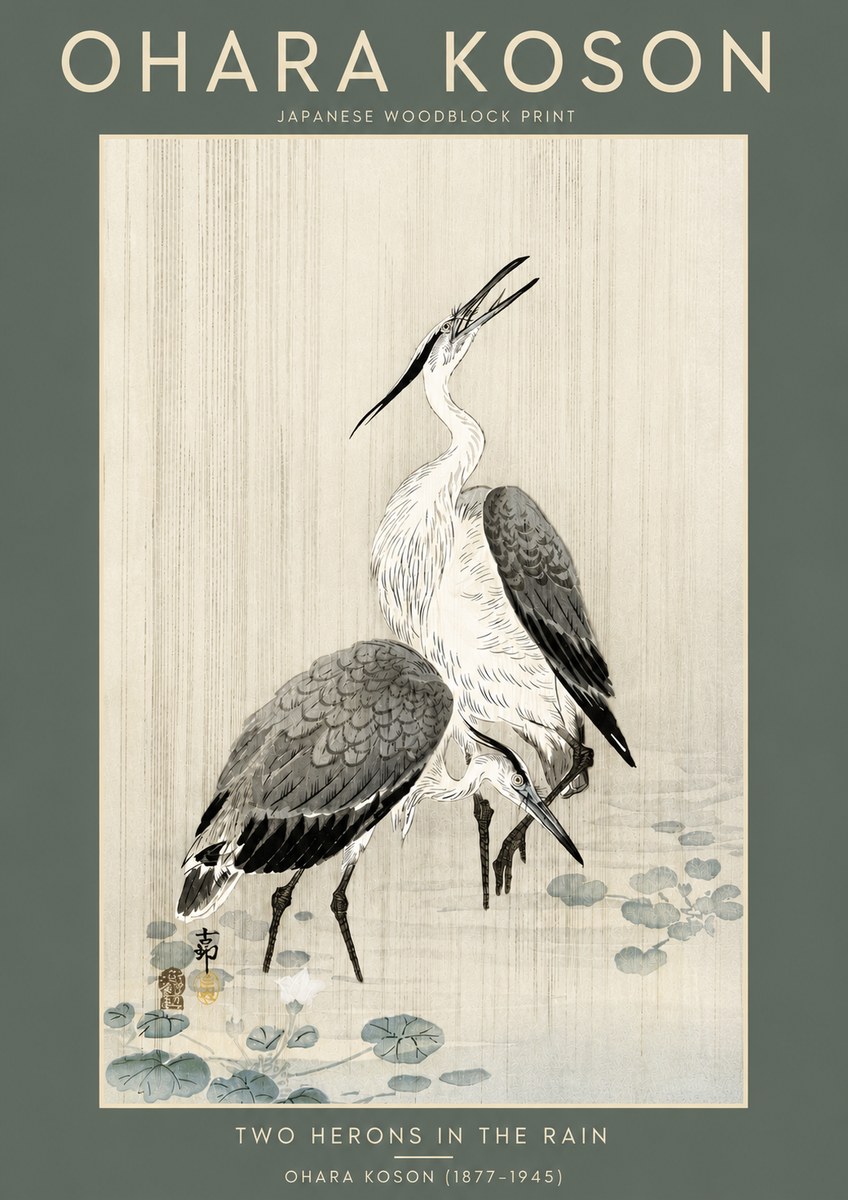 Ohara Koson Two Herons in the Rain No5 - Affiche