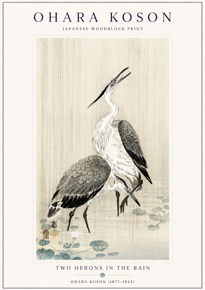 Ohara Koson Two Herons in the Rain No6 - Affiche