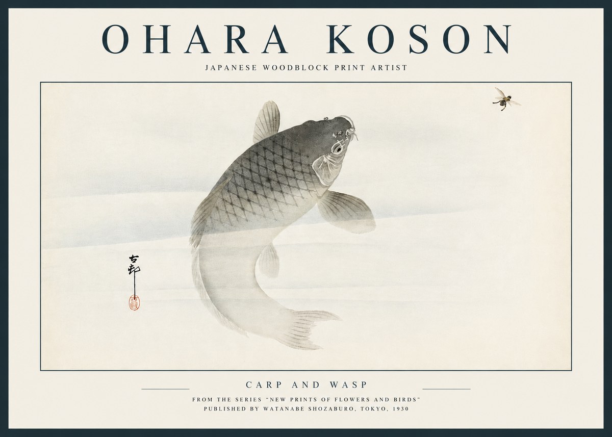 Ohara Koson Carp and Wasp No3 - Affiche