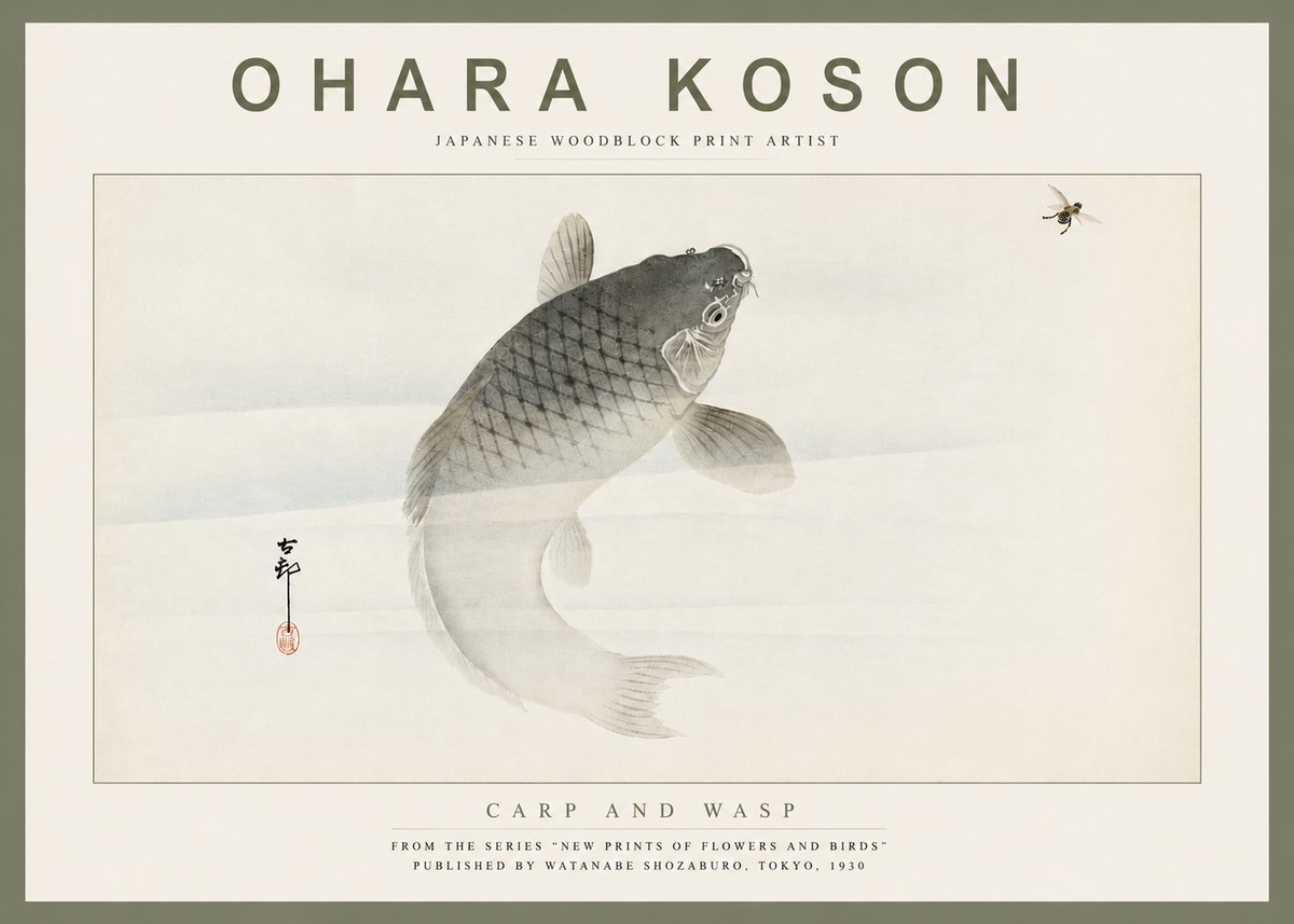 Ohara Koson Carp and Wasp No4 - Affiche