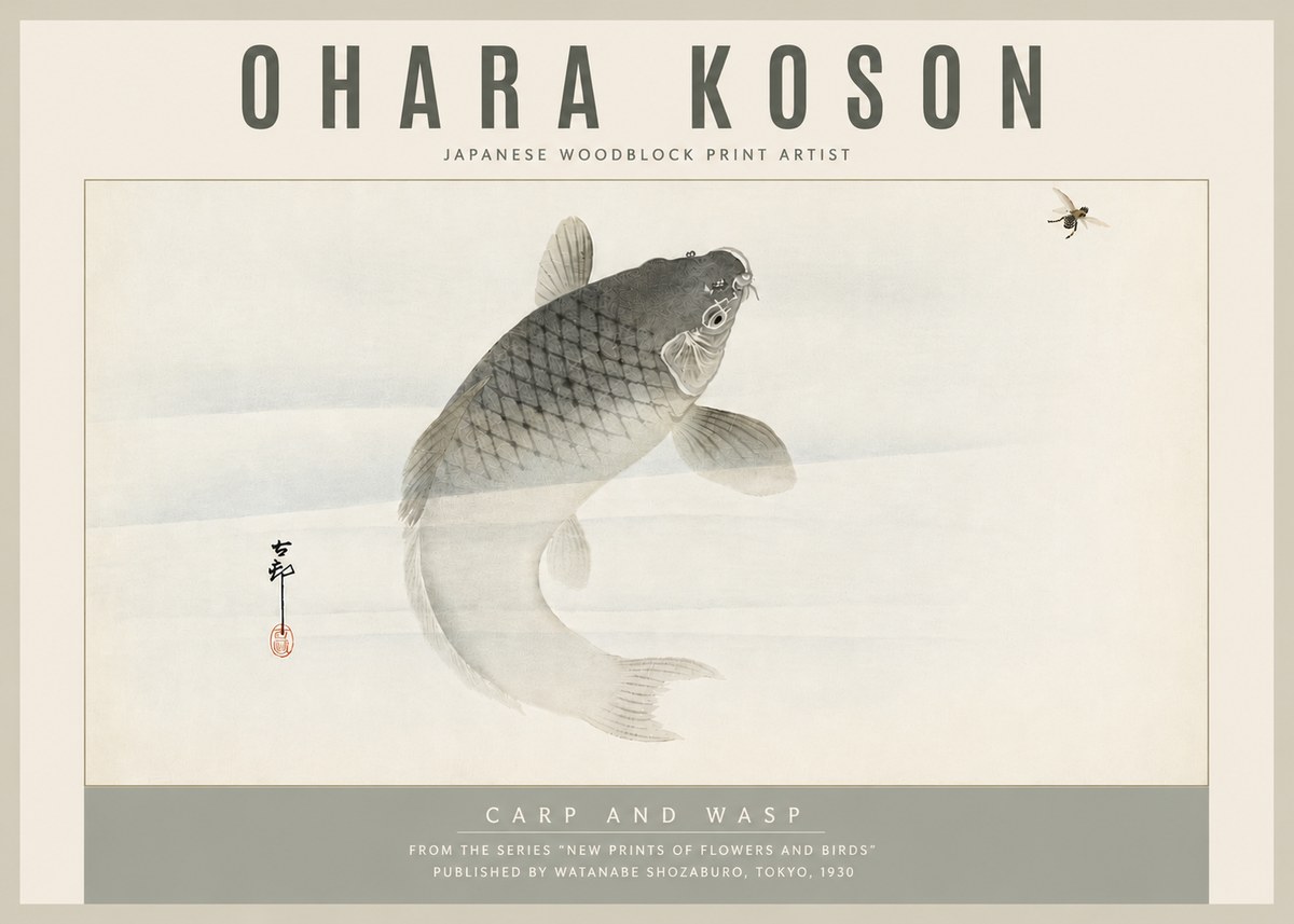 Ohara Koson Carp and Wasp No5 - Affiche