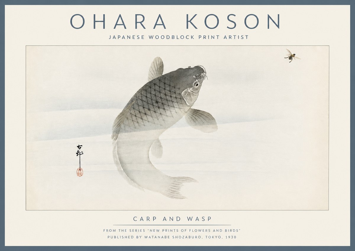 Ohara Koson Carp and Wasp No6 - Affiche