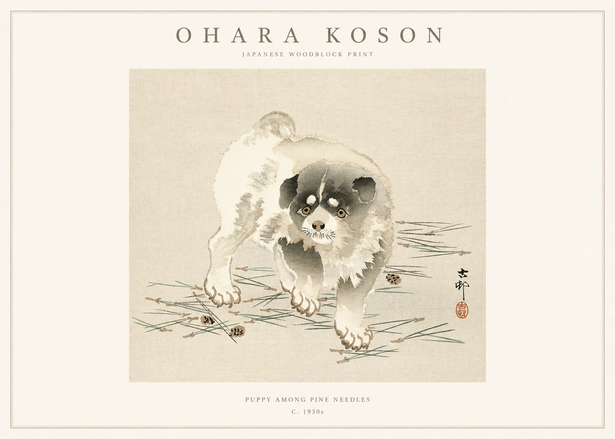 Ohara Koson Puppy Among Pine Needles No1 - Affiche