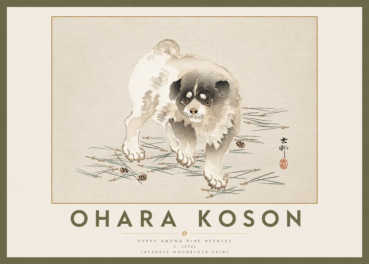 Ohara Koson Puppy Among Pine Needles No2 - Affiche