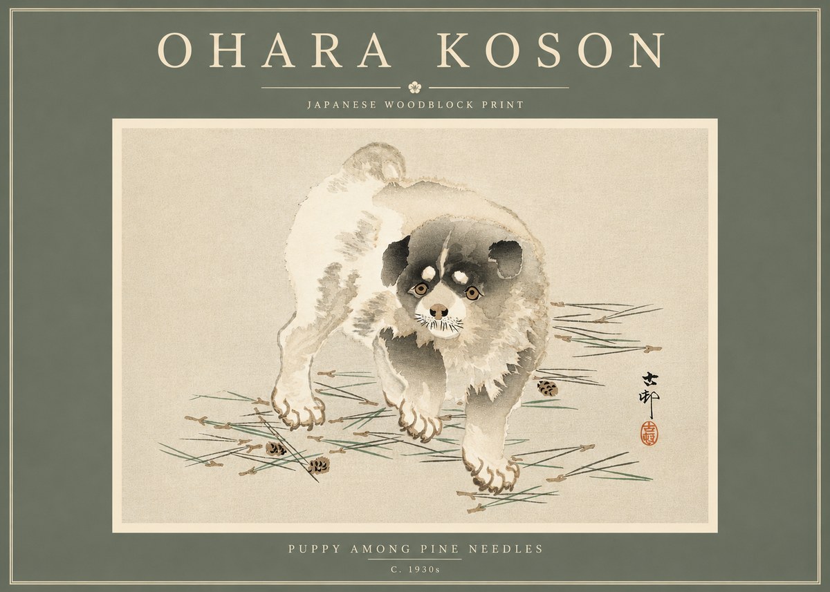 Ohara Koson Puppy Among Pine Needles No4 - Affiche