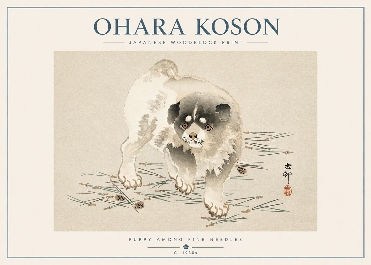 Ohara Koson Puppy Among Pine Needles No5 - Affiche