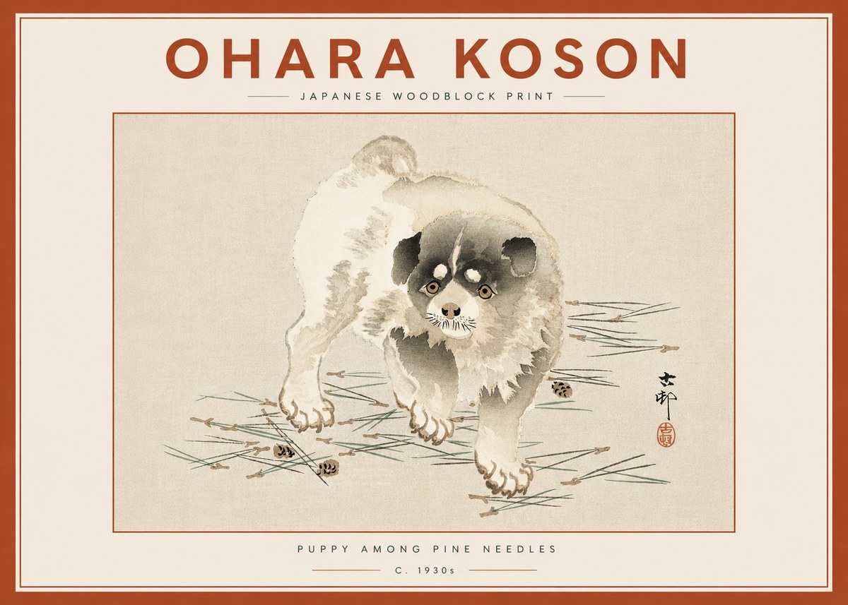 Ohara Koson Puppy Among Pine Needles No6 - Affiche