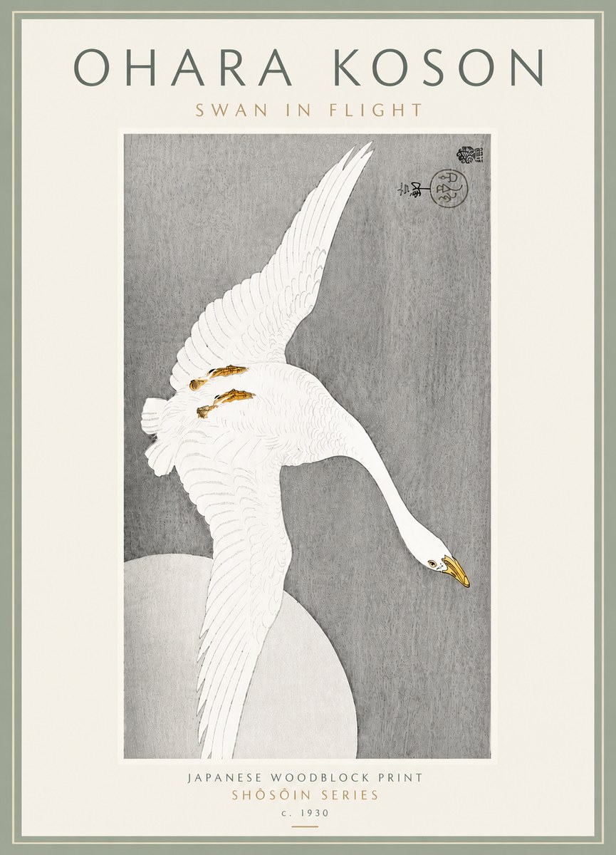 Ohara Koson Swan in Flight No6 - Affiche