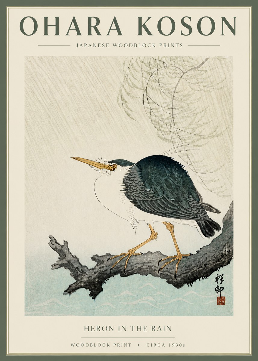 Ohara Koson Heron in the Rain No2 - Affiche