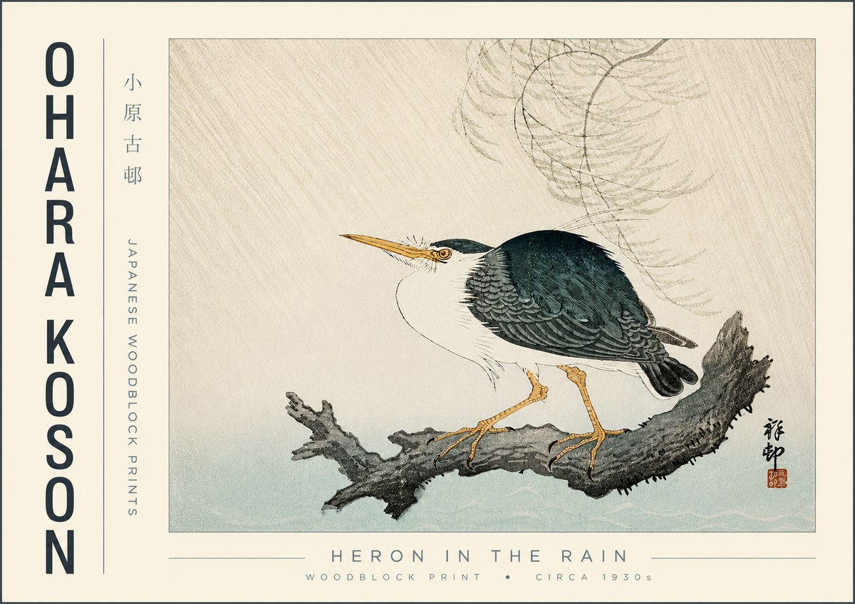 Ohara Koson Heron in the Rain No4 - Affiche