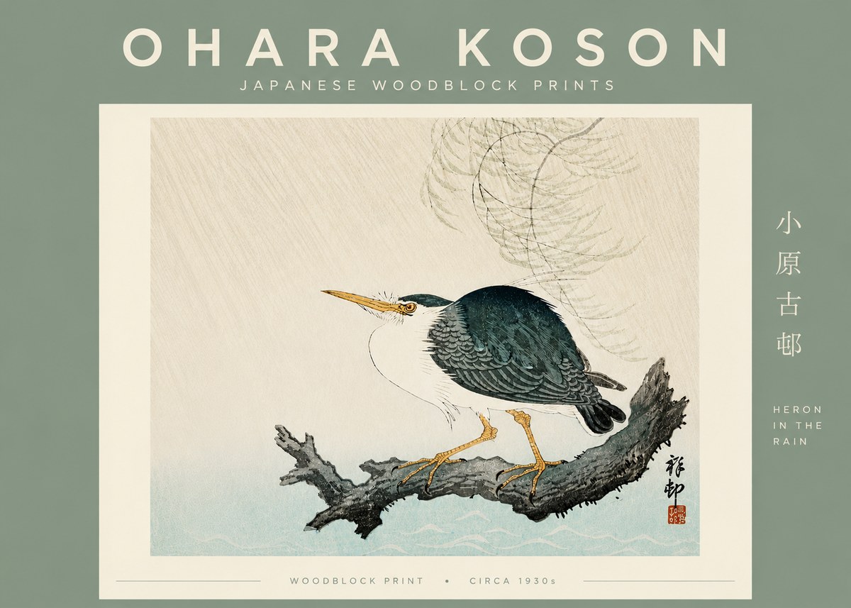 Ohara Koson Heron in the Rain No6 - Affiche