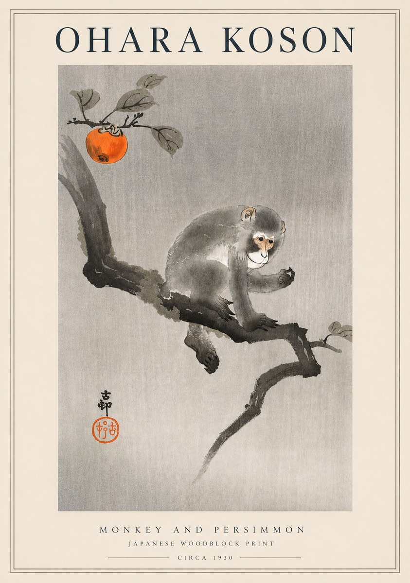 Ohara Koson Monkey and Persimmon No3 - Affiche