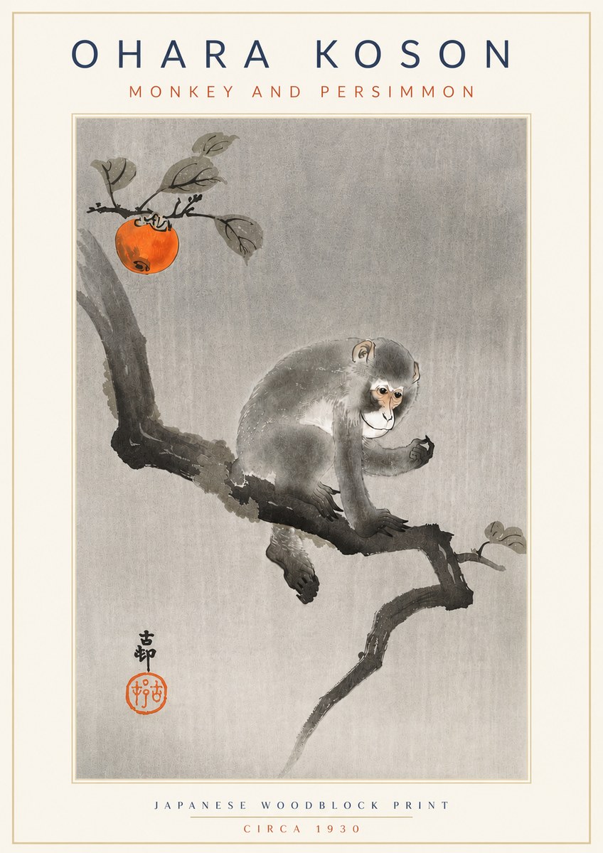 Ohara Koson Monkey and Persimmon No4 - Affiche