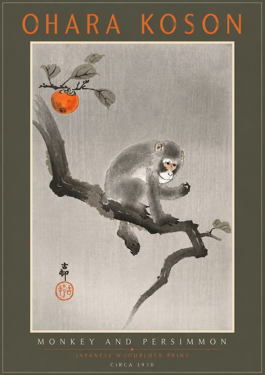 Ohara Koson Monkey and Persimmon No5 - Affiche