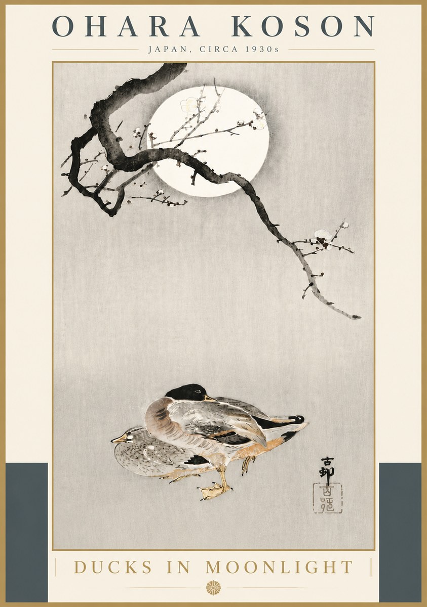 Ohara Koson Ducks in Moonlight No5 - Affiche