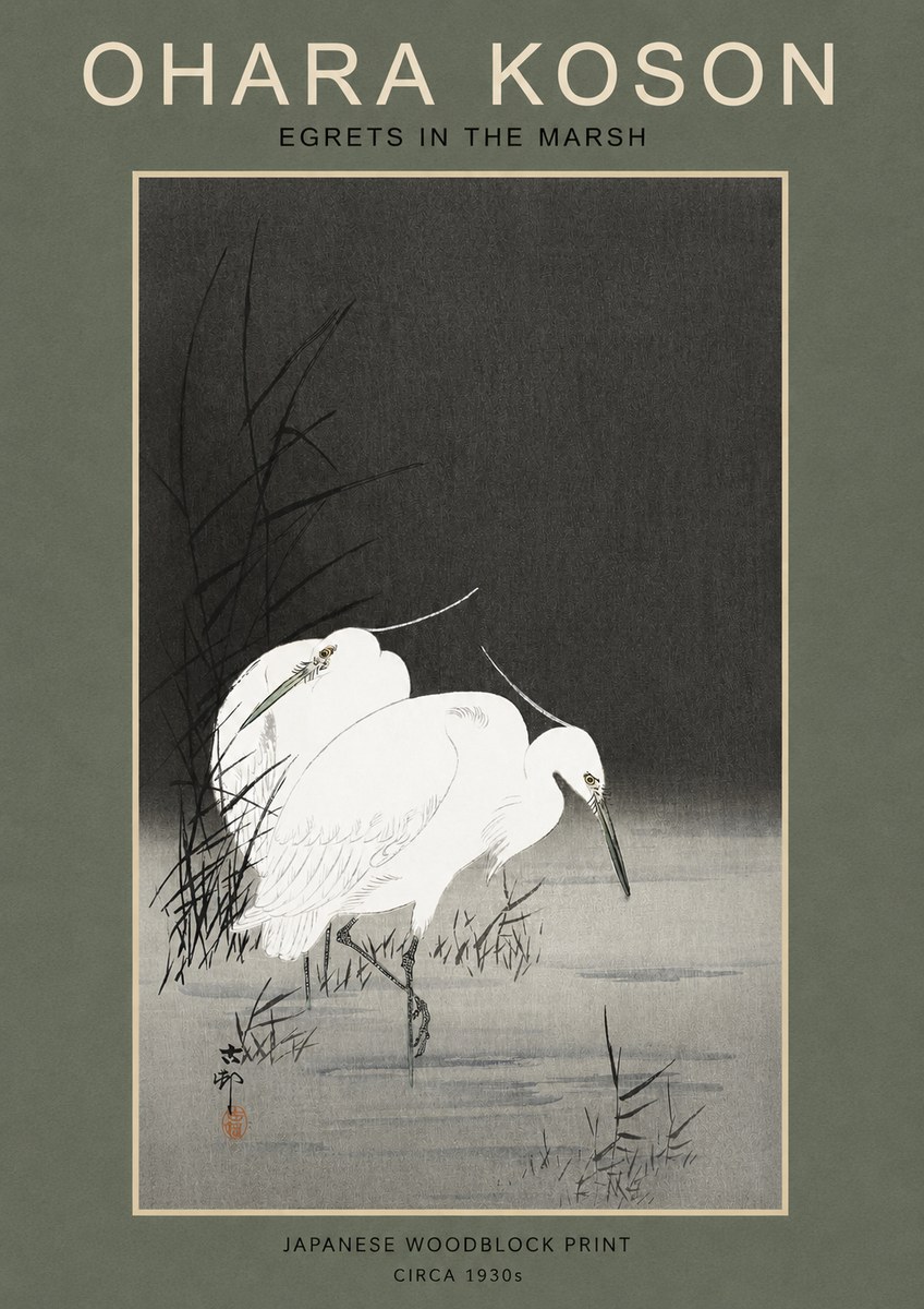 Ohara Koson Egrets in the Marsh No2 - Affiche