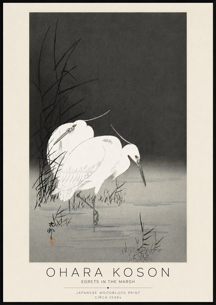 Ohara Koson Egrets in the Marsh No3 - Affiche
