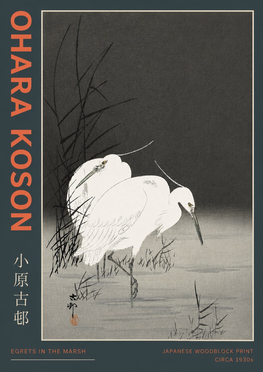 Ohara Koson Egrets in the Marsh No4 - Affiche