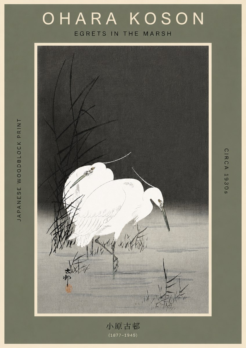 Ohara Koson Egrets in the Marsh No6 - Affiche