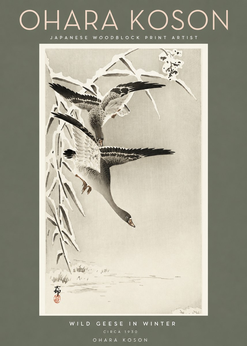 Ohara Koson Wild Geese in Winter No2 - Affiche