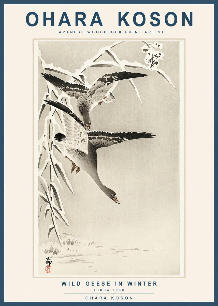 Ohara Koson Wild Geese in Winter No3 - Affiche